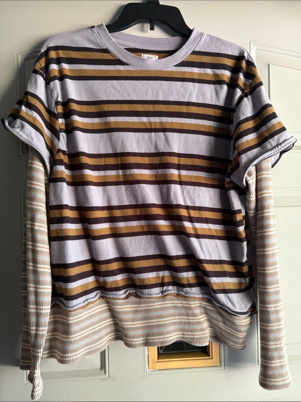 BDG Striped Long Sleeve Tee in Gray, Black and Brown - Size Medium